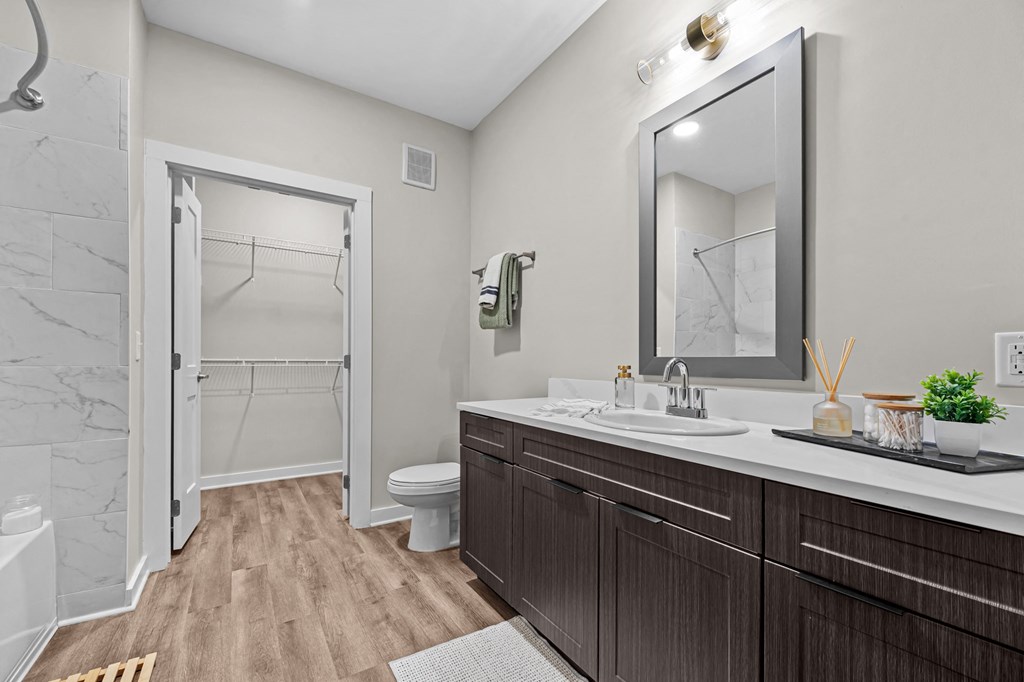 A bathroom with a walk-in shower and a sink.