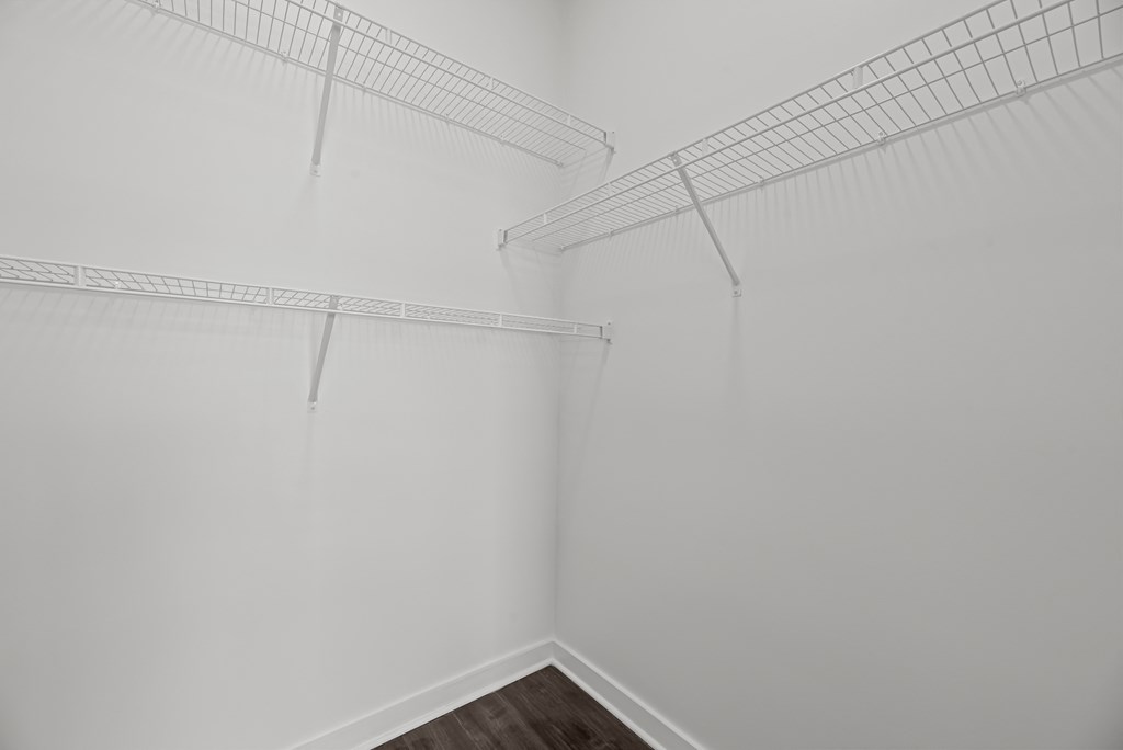 Empty white room with a wooden floor and wire shelving.