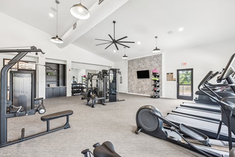 A gym with treadmills, weights, and exercise equipment.