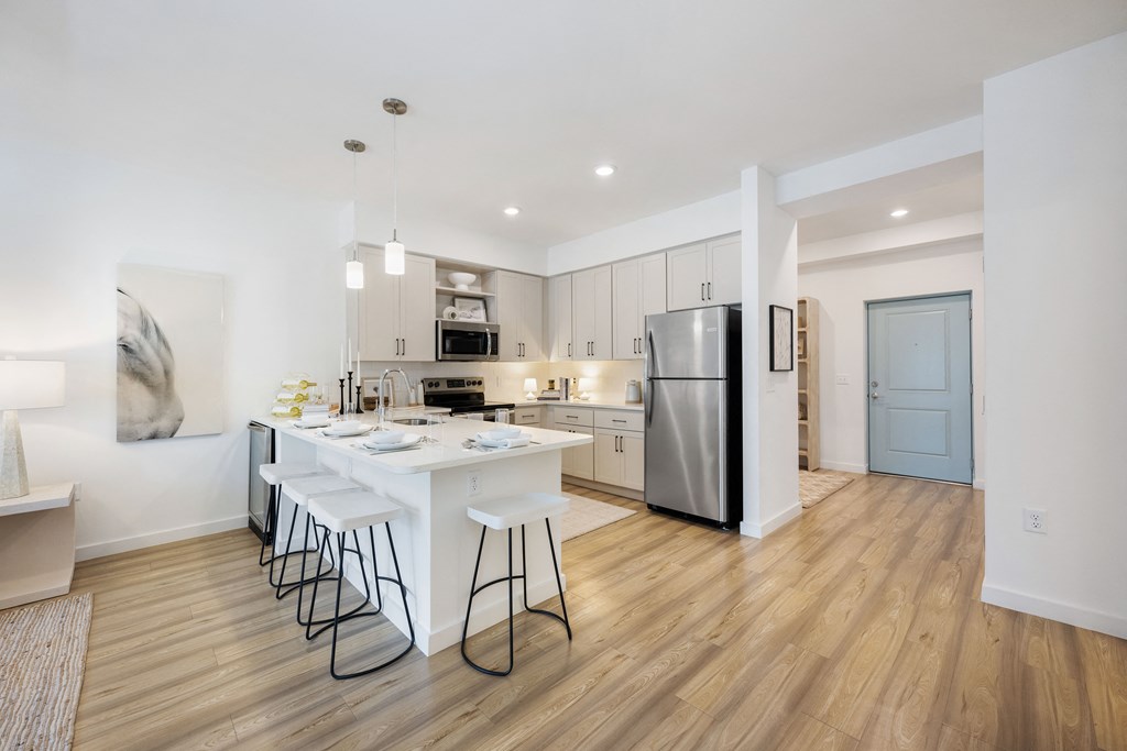 a kitchen and dining area
