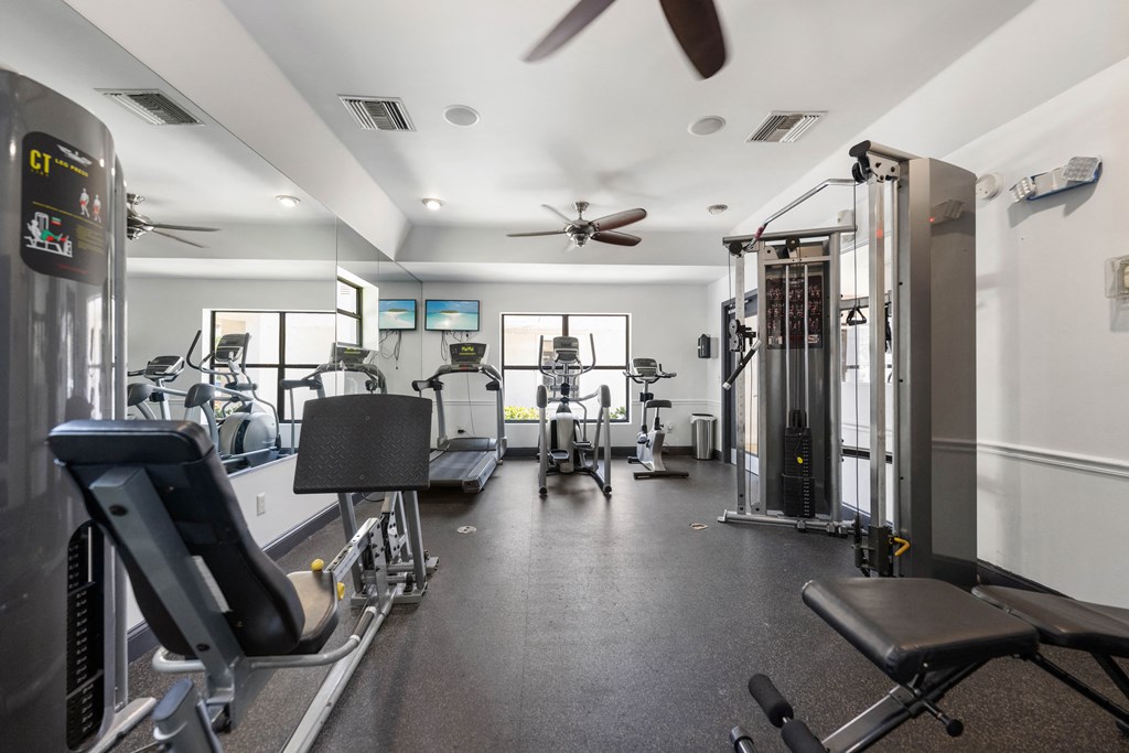 a gym with weights and cardio machines and a ceiling fan