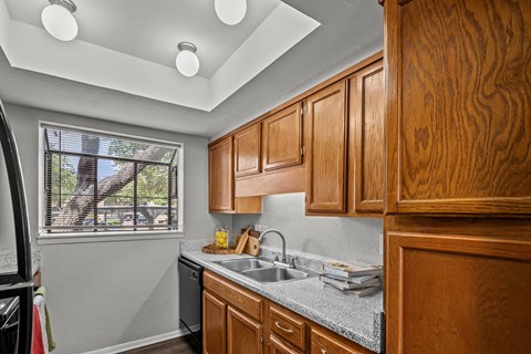 a kitchen with wooden cabinets and a sink and a window