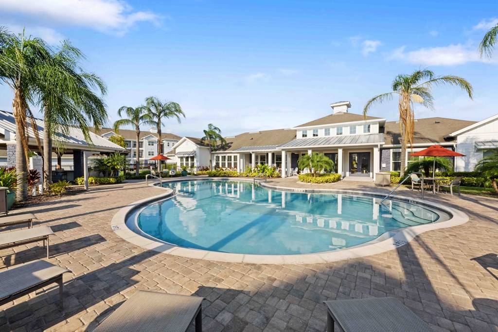 a swimming pool with palm trees in front of a building