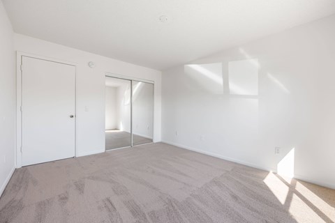 a living room with white walls and carpet and a door to a closet