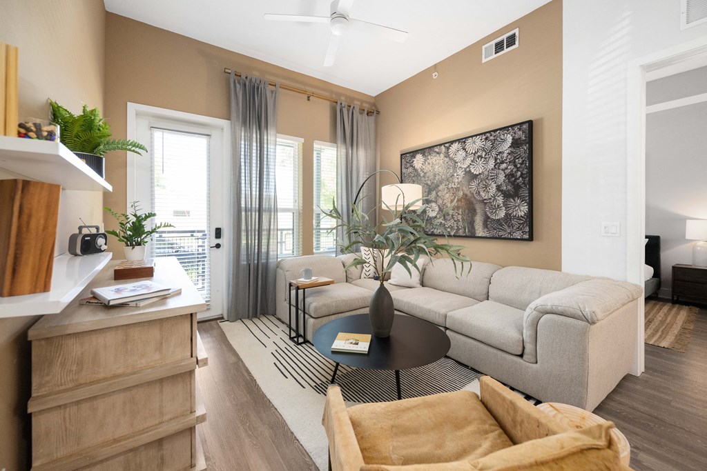a living room with a couch and a coffee table