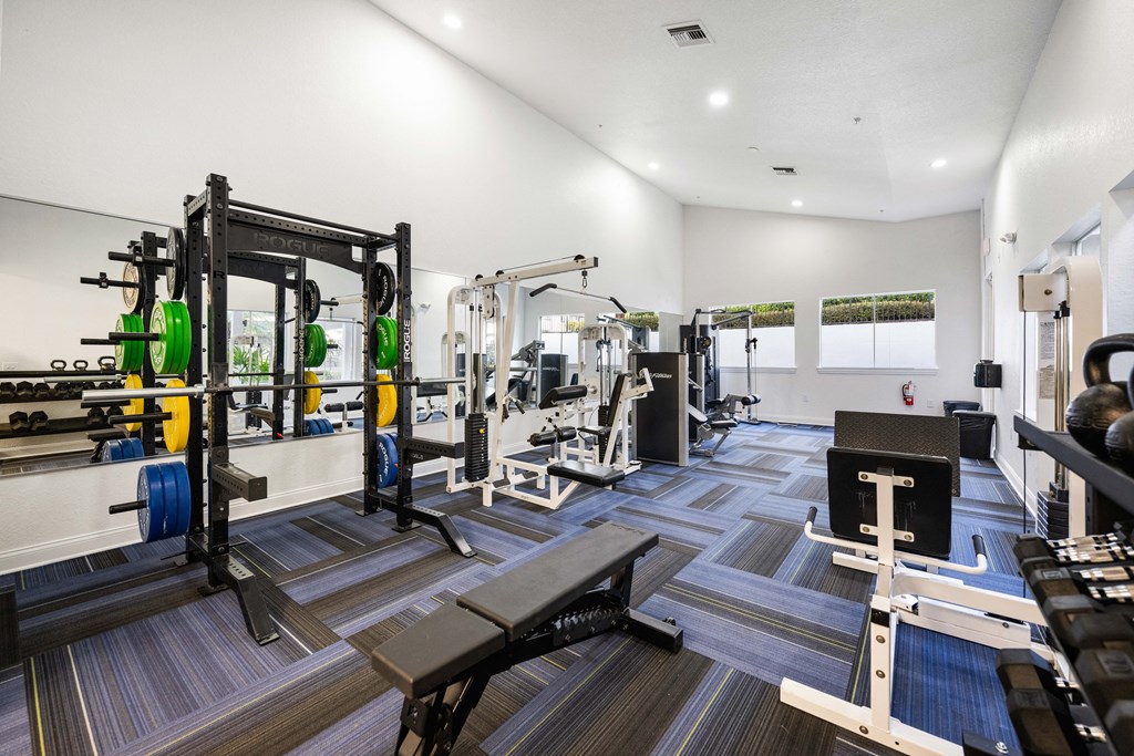 a gym with weights and cardio equipment on the floor and