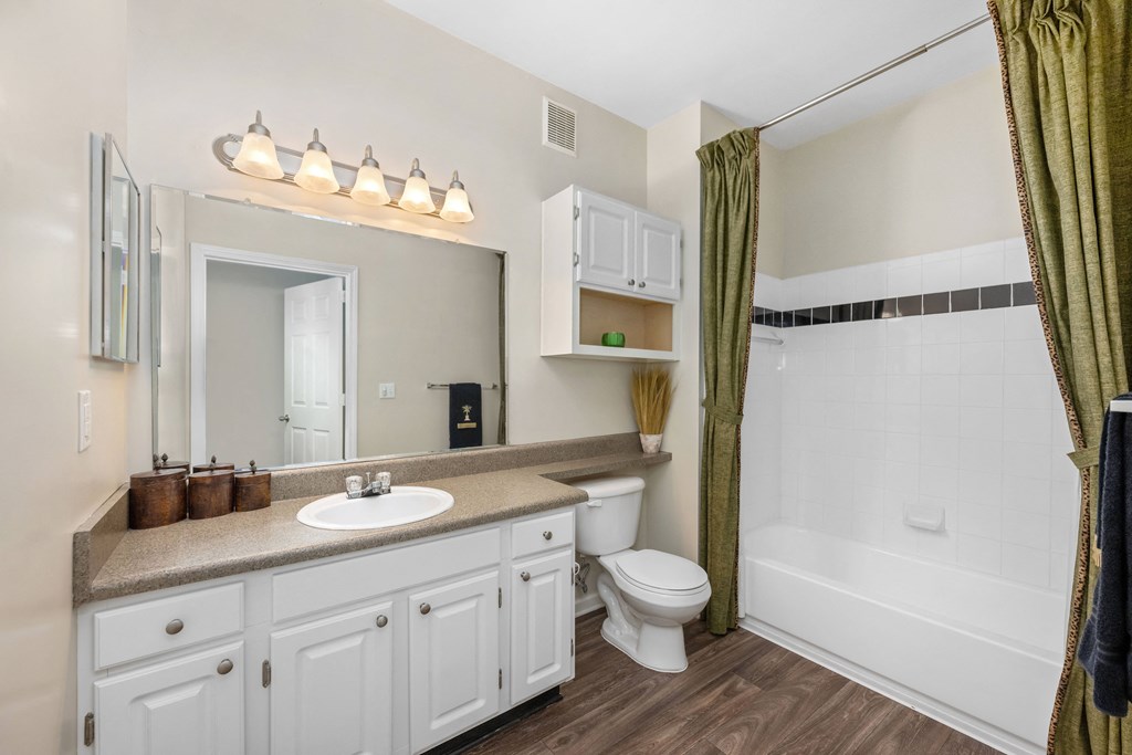 a bathroom with a shower toilet and sink and a mirror