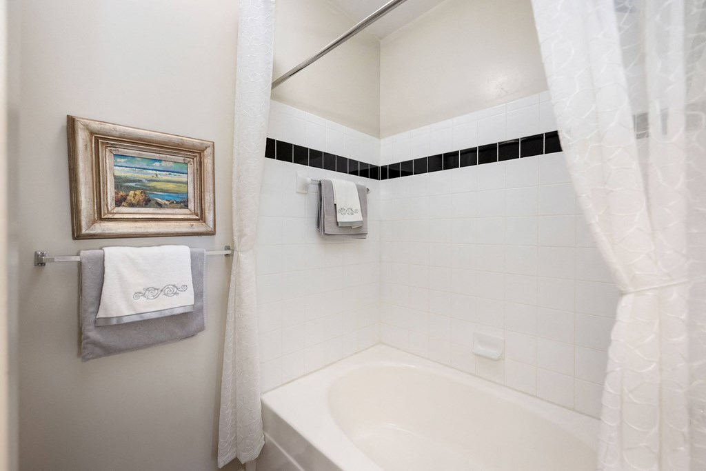 a bathroom with a tub and a sink and a curtain