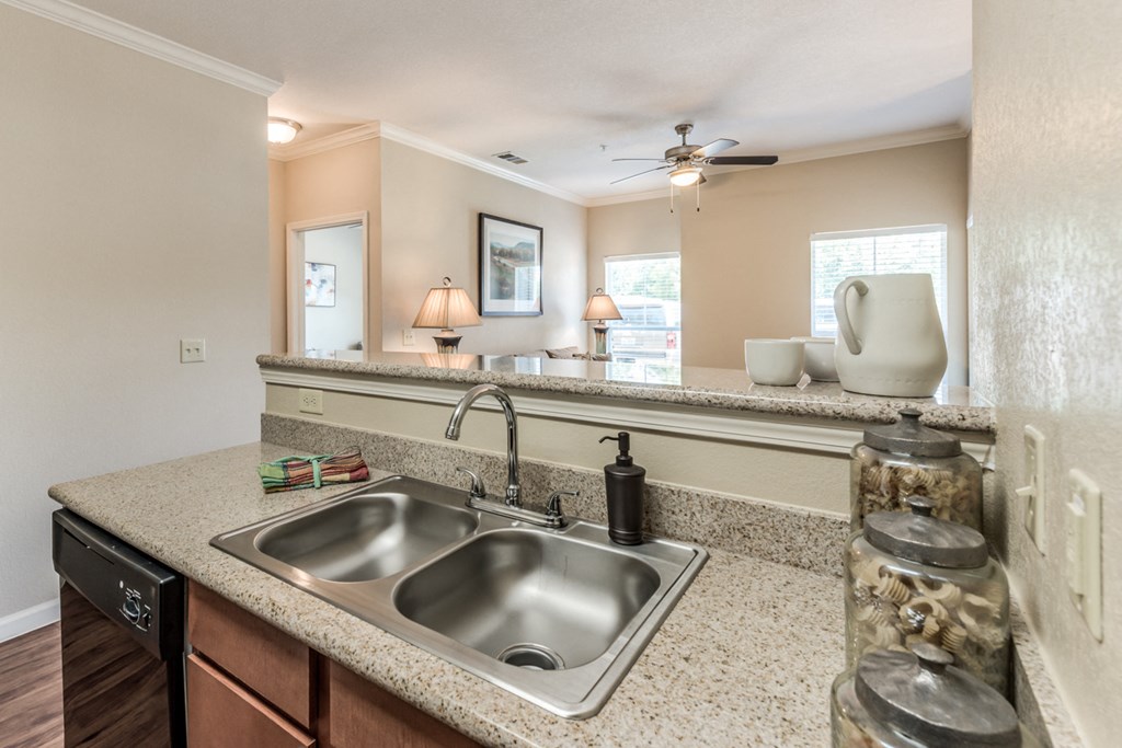 Kitchen sink view towards the living room
