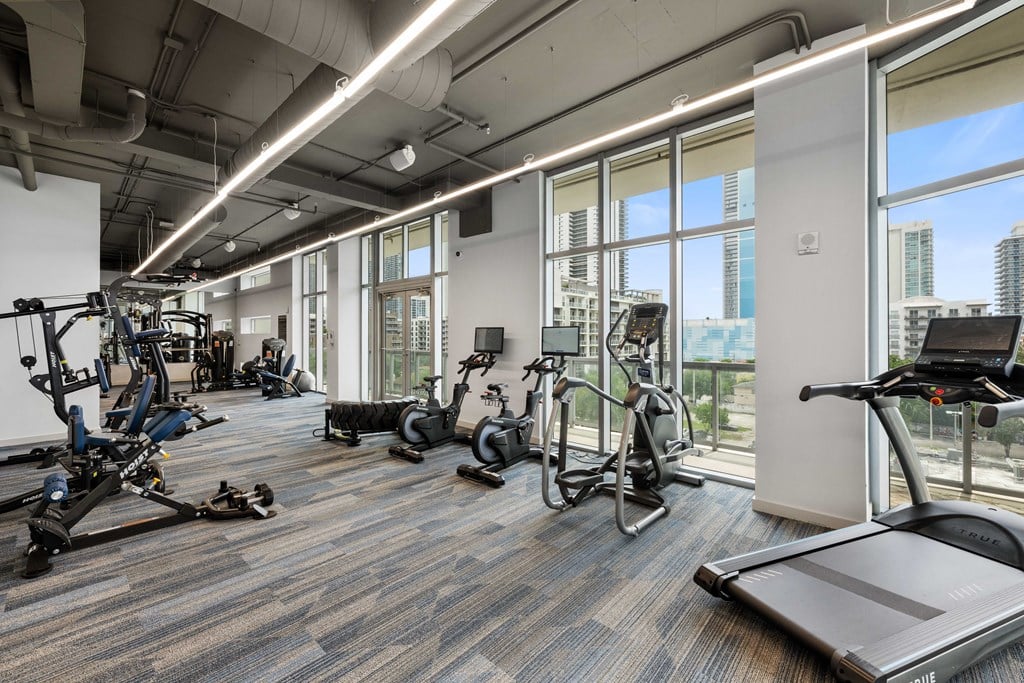 an image of a gym with cardio equipment and a view of the city