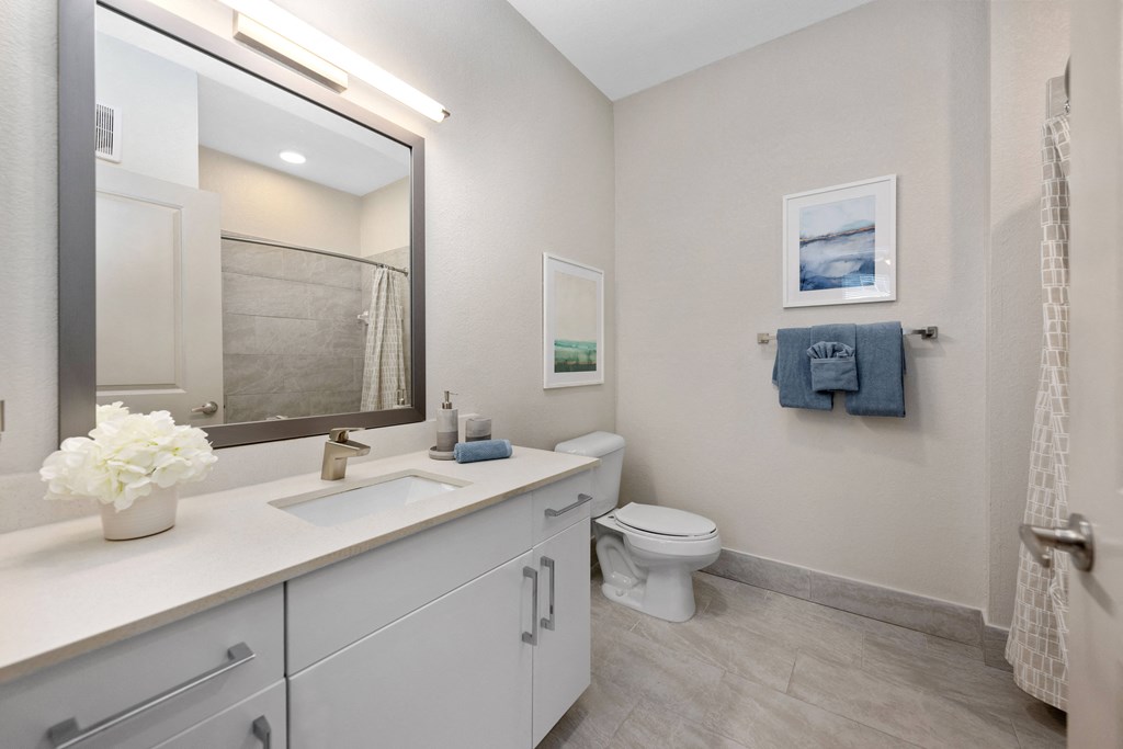 bathroom with a large mirror