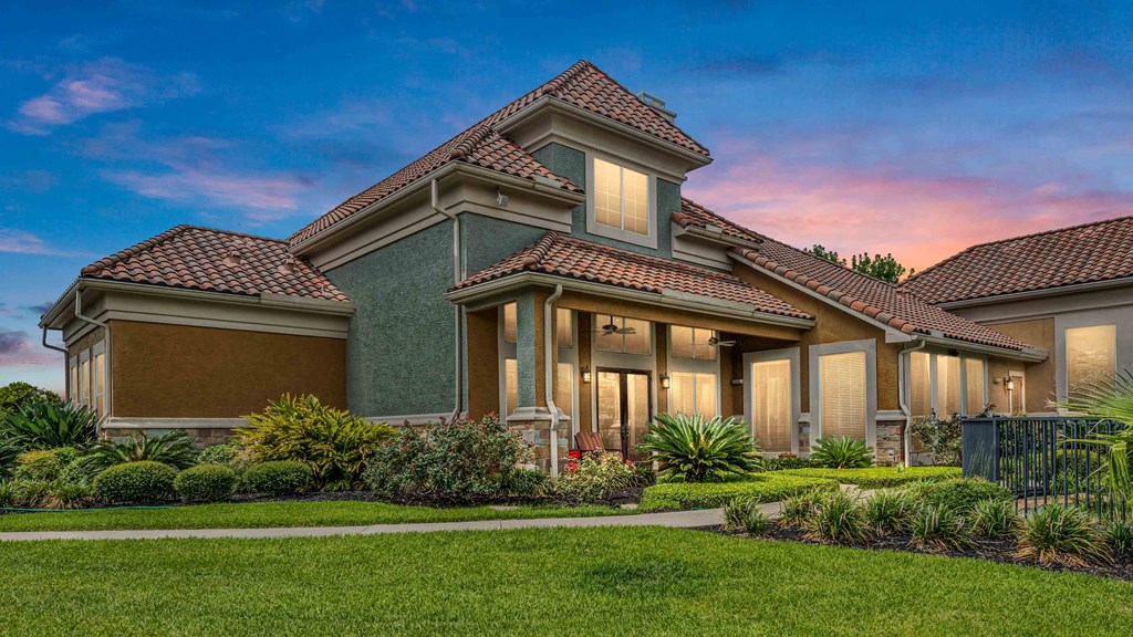 exterior view with lights on