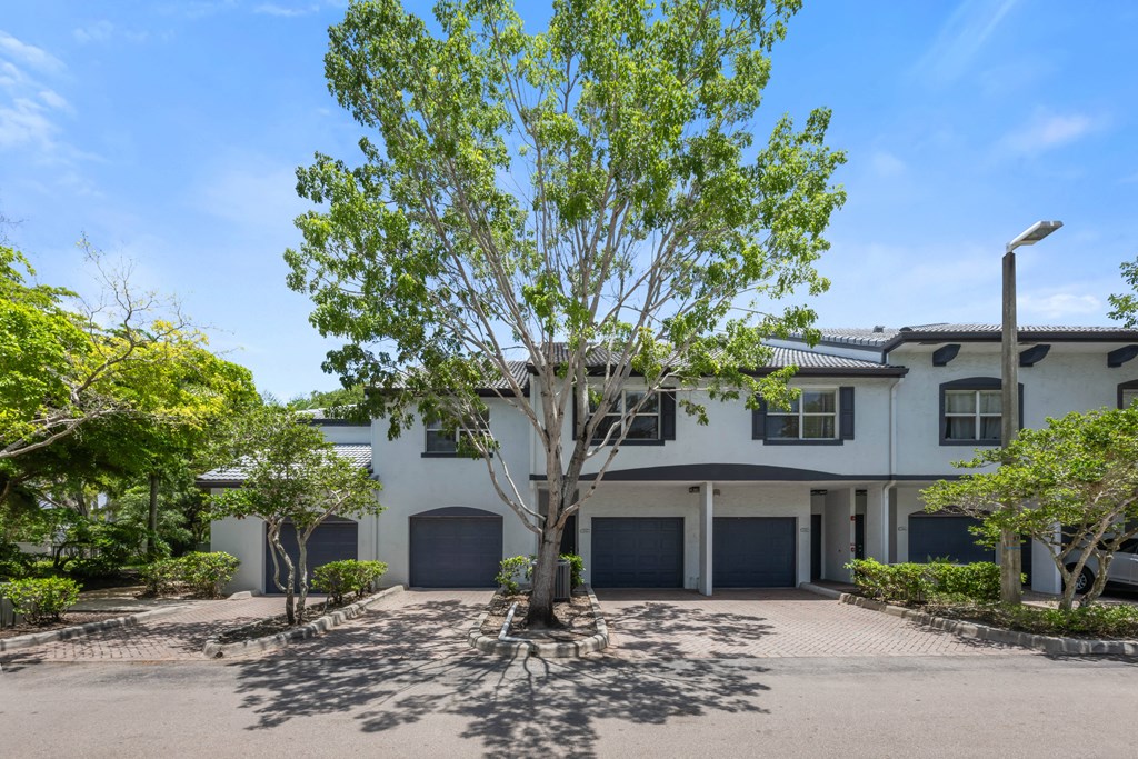 a white house with a driveway and a tree in front of it