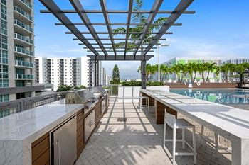 a rendering of a rooftop barbecue area with a pool and buildings in the background