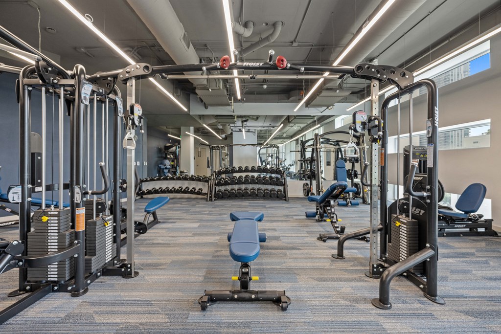 a spacious fitness center with cardio equipment and weights