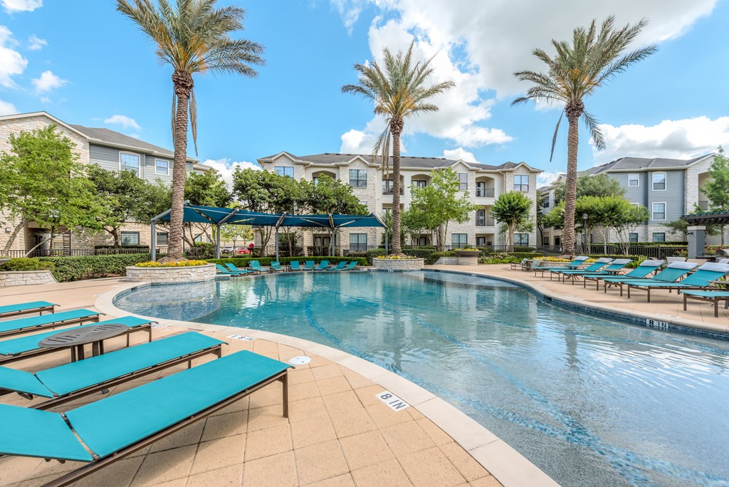 A swimming pool surrounded by sun loungers and palm trees.