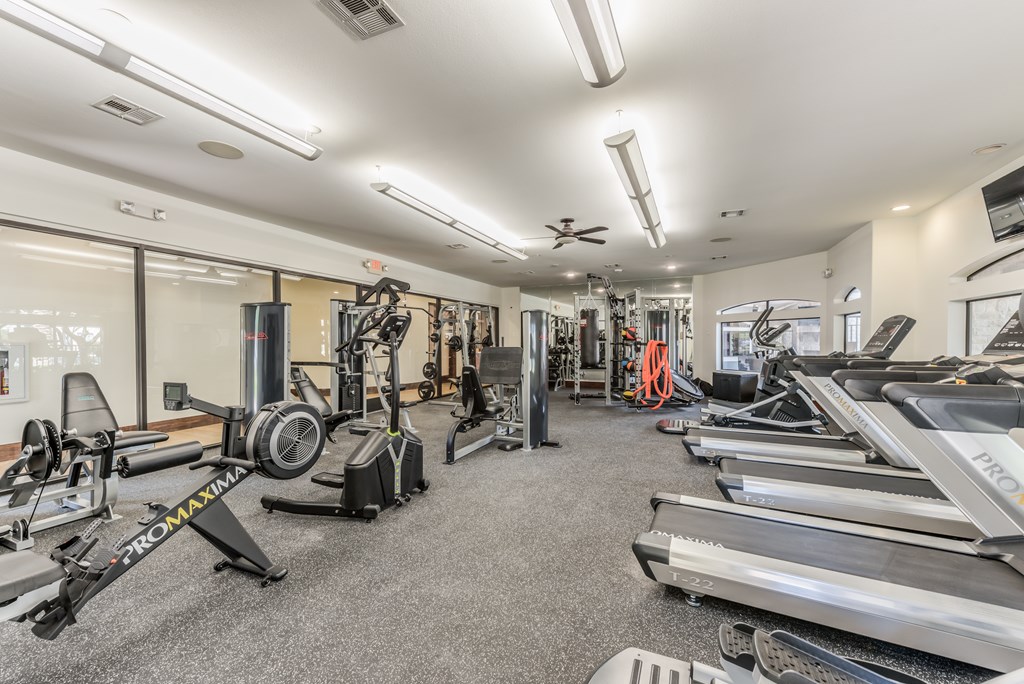 A gym with treadmills, weights, and exercise equipment.
