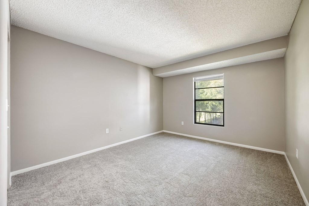 a spacious living room with carpet and a window