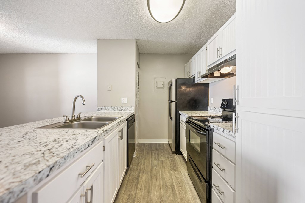 an expansive kitchen with granite counter tops and black appliances
