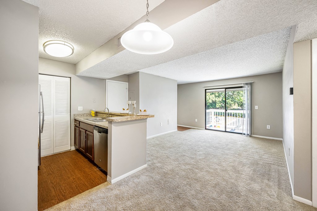 an empty living room and kitchen with a door to the patio