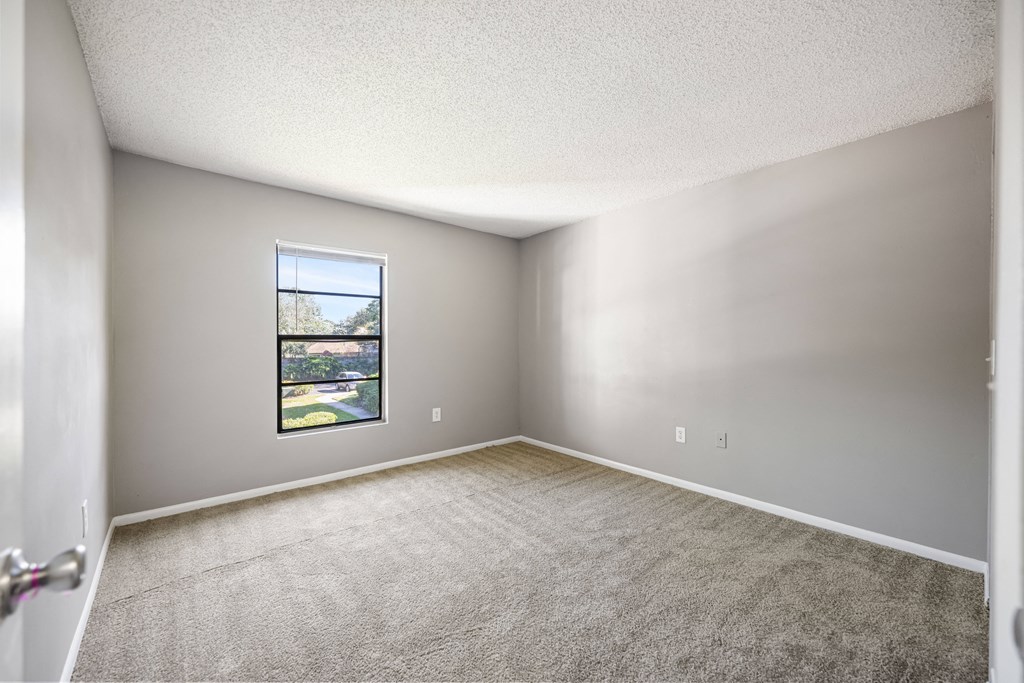 an empty room with carpet and a window