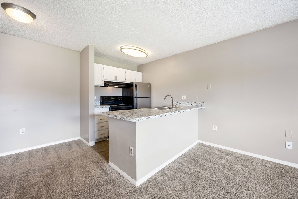 an empty living room and kitchen with a granite counter top