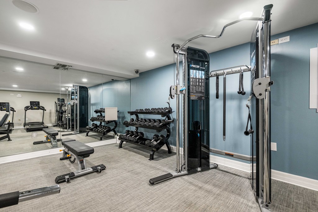 a gym with weights and cardio equipment and blue walls