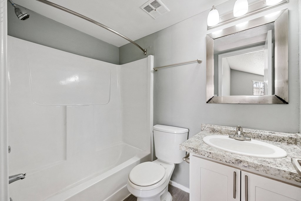 a bathroom with a toilet sink and shower and a mirror