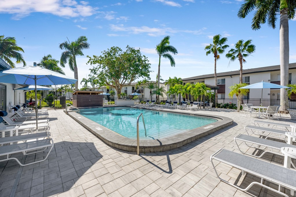 a swimming pool with chairs and umbrellas at the resort