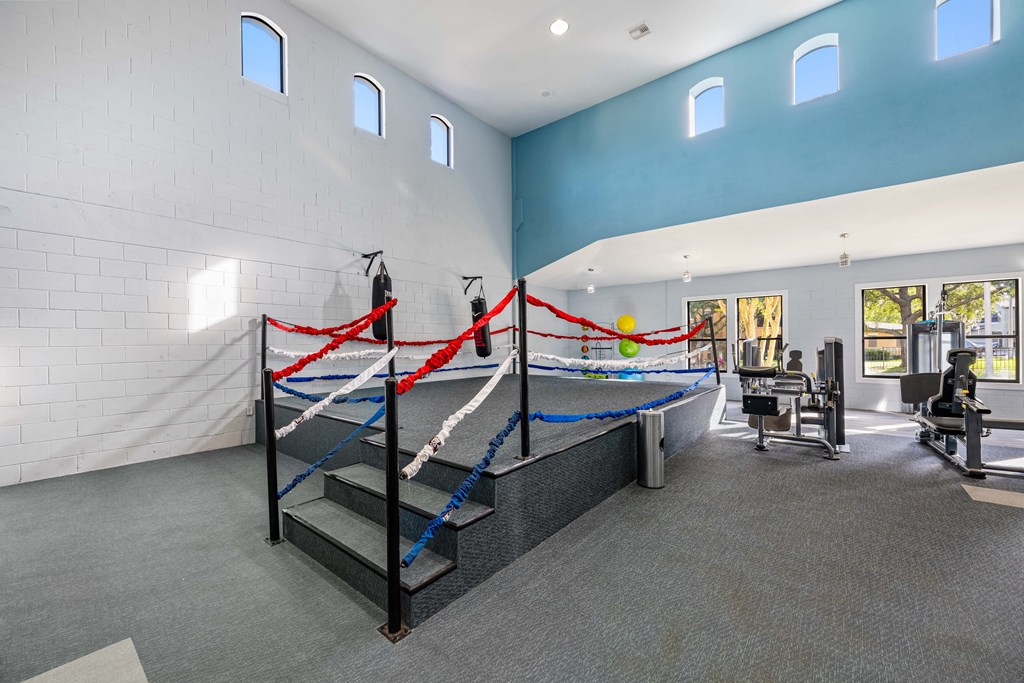 a gym with a seesaw and weights in a building with white and blue walls
