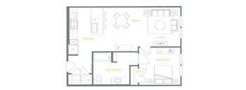 A floor plan of a house with a kitchen, living room, dining room, bedroom, bathroom, and closet.