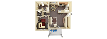 a stylized floor plan with a bedroom and living room
