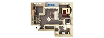 a 3d drawing of a bedroom with a desk and a chair and a bathroom