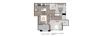 A floor plan of a two bedroom apartment with one bathroom.