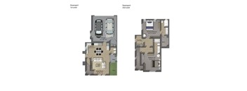 A floor plan of a two-level Davenport with a garage and a great room on the first level and a laundry room, two bedrooms, and a W.I.C. on the second level.