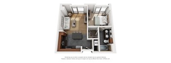 a stylized 3d floor plan with a bedroom and living room