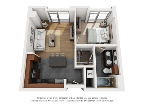 a stylized 3d floor plan with a bedroom and living room