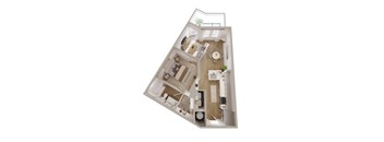 A 3D floor plan of a house with a kitchen, living room, and bathroom.