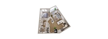 A top-down view of a small apartment with a bedroom, living room, kitchen, and bathroom.