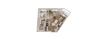 A top-down view of a well-organized kitchen and living room.