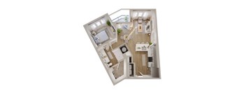 A top-down view of a modern, well-lit, and spacious apartment with a kitchen, living room, and bedroom.