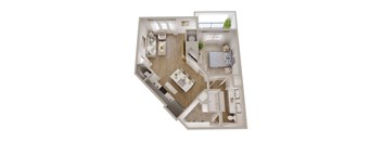 A top-down view of a modern apartment layout with a kitchen, living room, and bedrooms.
