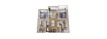 A top-down view of a house layout with two bedrooms, a living room, a kitchen, a bathroom, and a dining area.