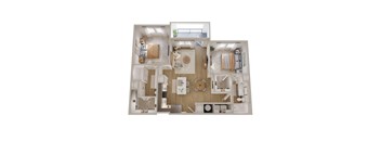 A top down view of a well-furnished apartment.