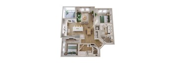 A top down view of a house interior with a kitchen, living room, dining room, and bathroom.