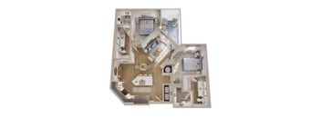 A 3D layout of a house showing the arrangement of rooms.