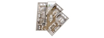 A 3D floor plan of a house with multiple rooms and furniture.