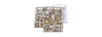 A top-down view of a modern, open-plan apartment with a kitchen, living room, dining area, and bedrooms.
