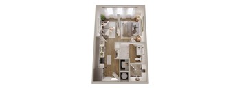A top-down view of a small, well-organized apartment with a kitchen, living room, and bathroom.