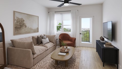 A living room with a brown couch, a coffee table, a television, and a painting on the wall.